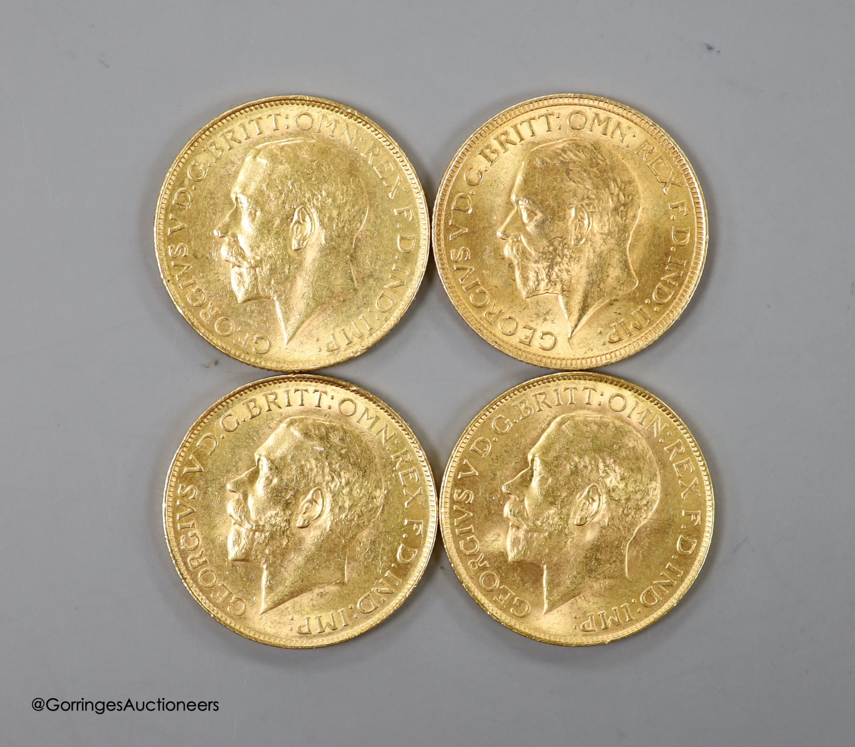 Four George V gold sovereigns, 1926, 1927, 1928 and 1929, all South Africa mint